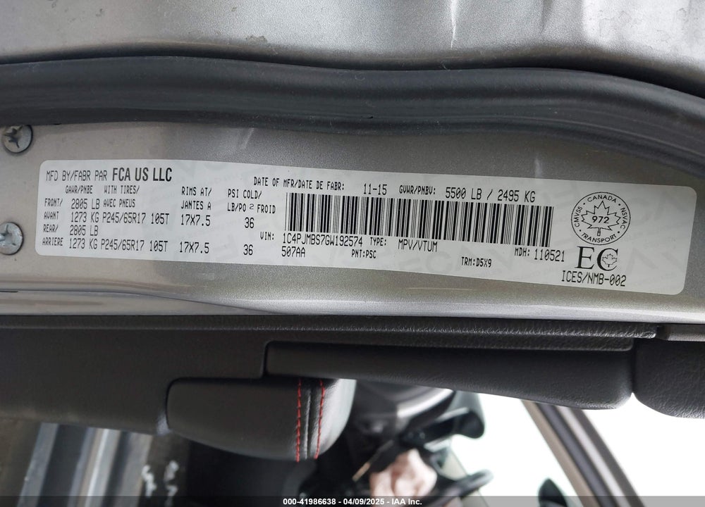 2016 JEEP CHEROKEE VIN: 1C4PJMBS7GW192574