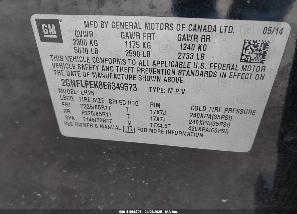 2014 CHEVROLET EQUINOX 1LT VIN: 2GNFLFEK8E6349573