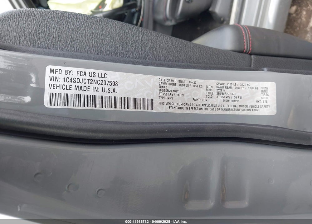 2022 DODGE DURANGO VIN: 1C4SDJCT2NC207598