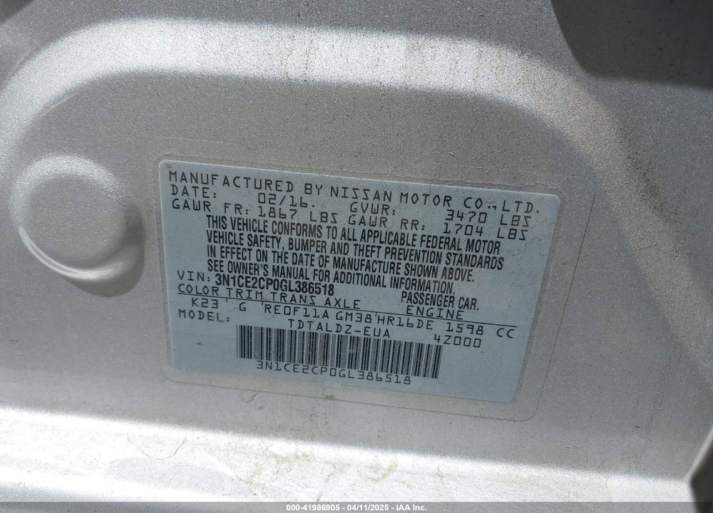 2016 NISSAN VERSA NOTE VIN: 3N1CE2CP0GL386518