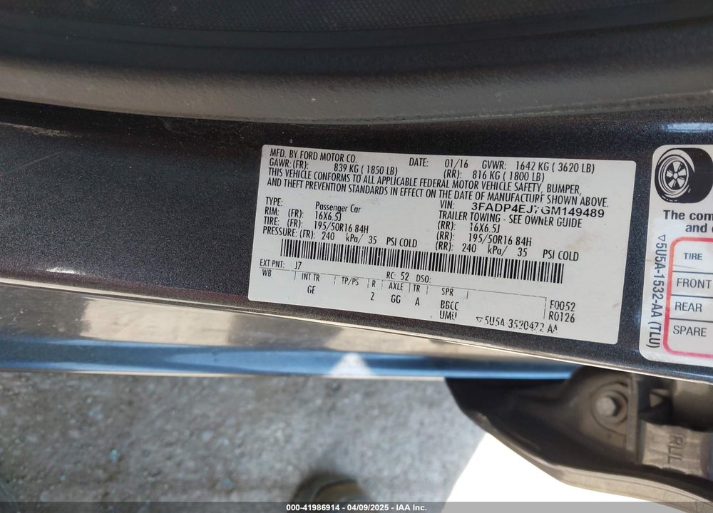 2016 FORD FIESTA VIN: 3FADP4EJ7GM149489
