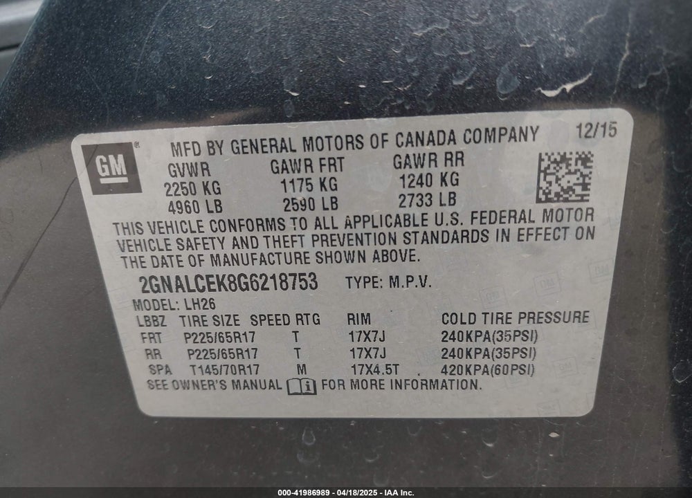 2016 CHEVROLET EQUINOX LT VIN: 2GNALCEK8G6218753