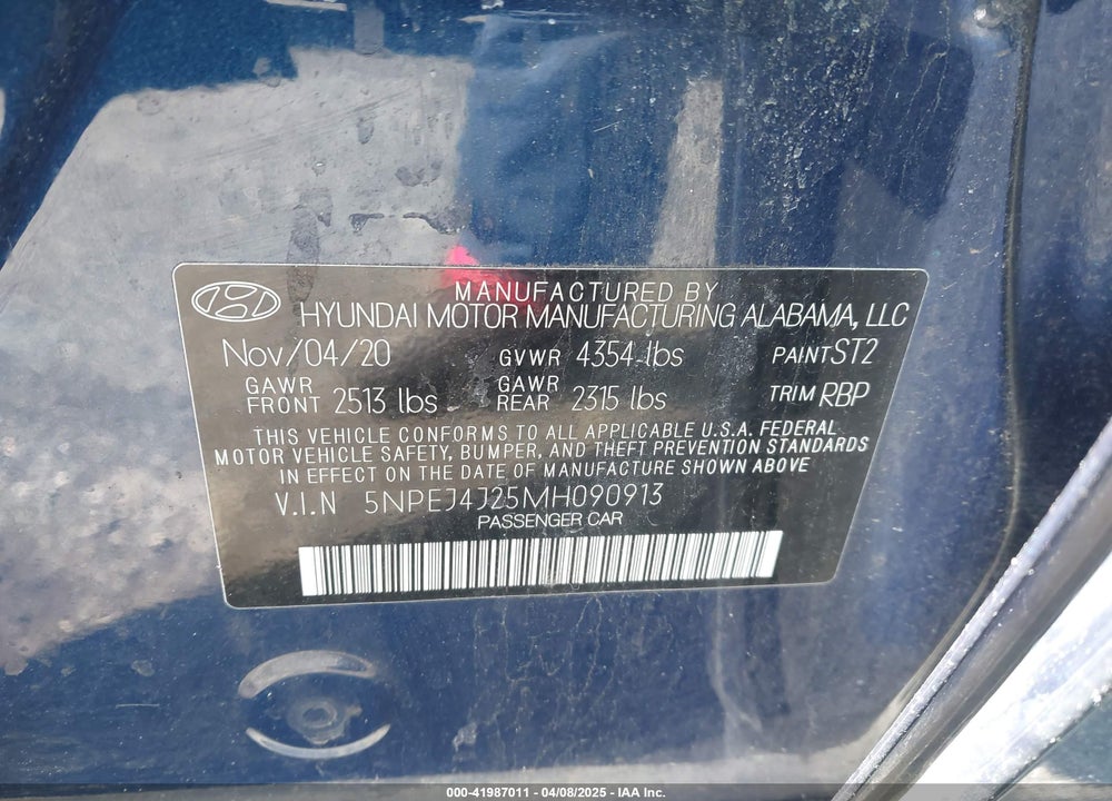 2021 HYUNDAI SONATA VIN: 5NPEJ4J25MH090913