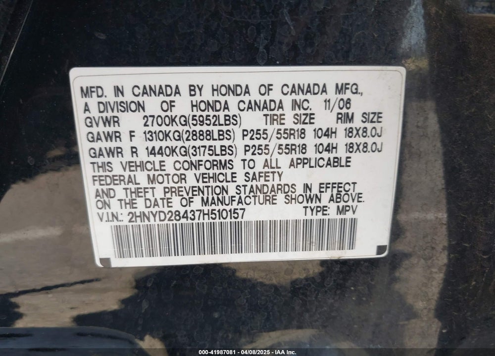2007 ACURA MDX VIN: 2HNYD28437H510157