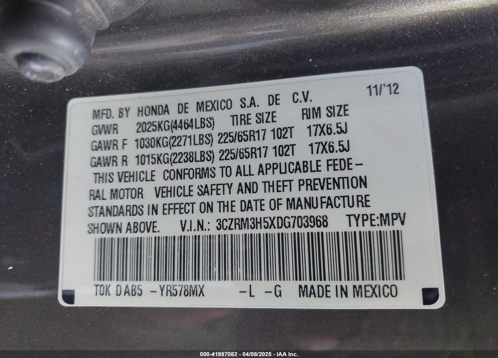 2013 HONDA CR-V EX VIN: 3CZRM3H5XDG703968