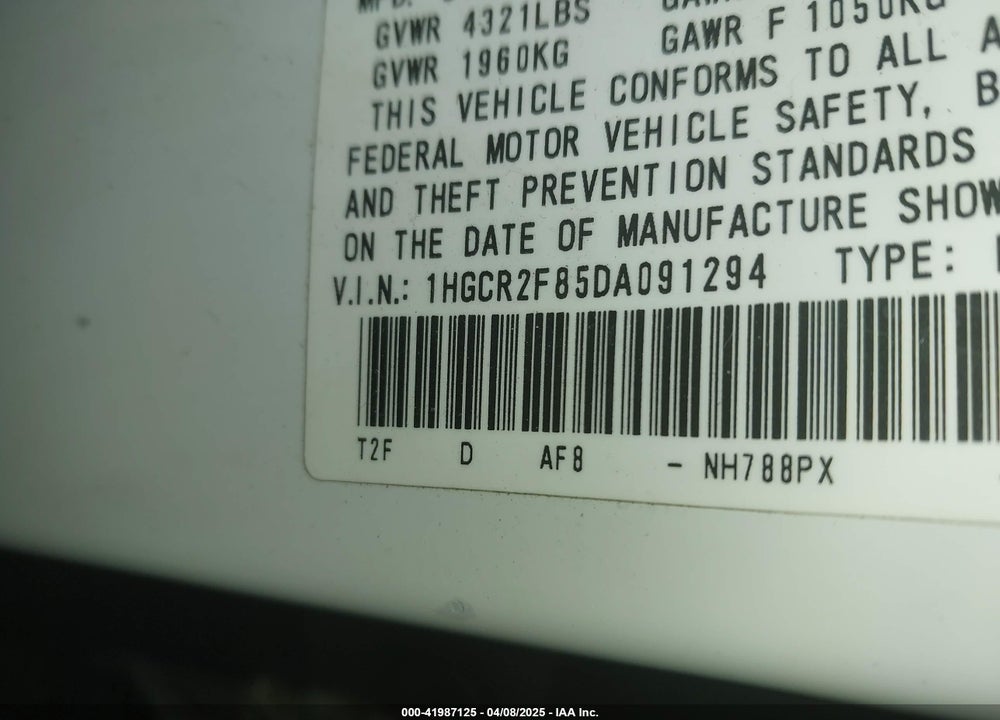 2013 HONDA ACCORD VIN: 1HGCR2F85DA091294