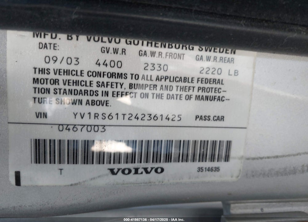 2004 VOLVO S60 2.4 VIN: YV1RS61T242361425