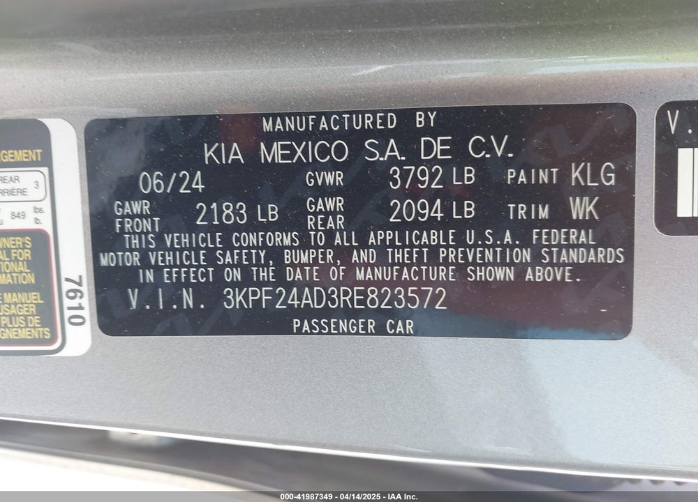 2024 KIA FORTE VIN: 3KPF24AD3RE823572