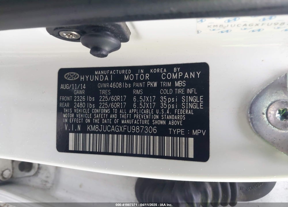 2015 HYUNDAI TUCSON SE VIN: KM8JUCAGXFU987306