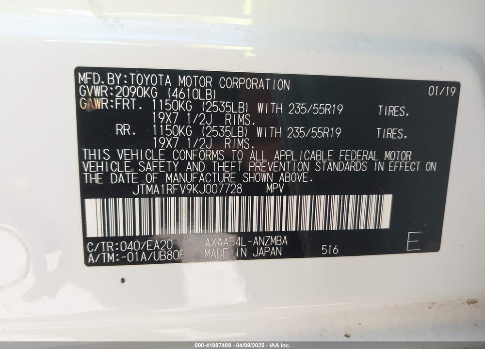 2019 TOYOTA RAV4 VIN: JTMA1RFV9KJ007728