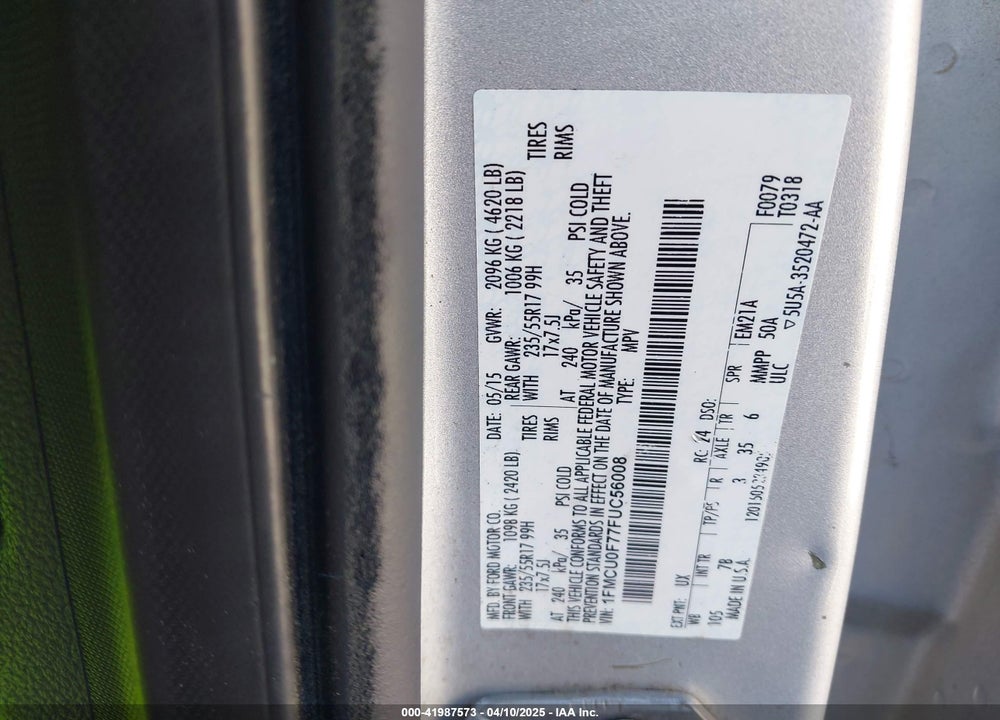 2015 FORD ESCAPE VIN: 1FMCU0F77FUC56008