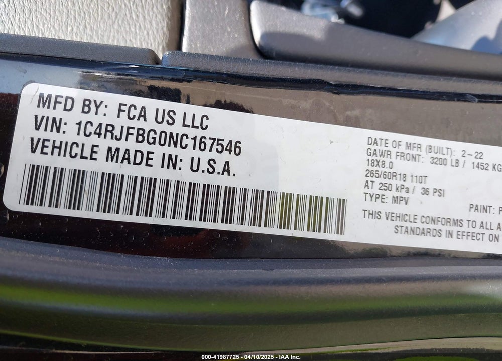 2022 JEEP GRAND CHEROKEE WK VIN: 1C4RJFBG0NC167546