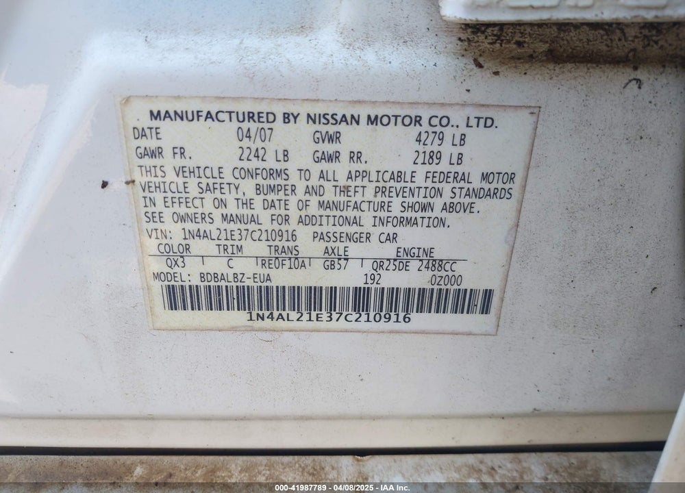 2007 NISSAN ALTIMA VIN: 1N4AL21E37C210916