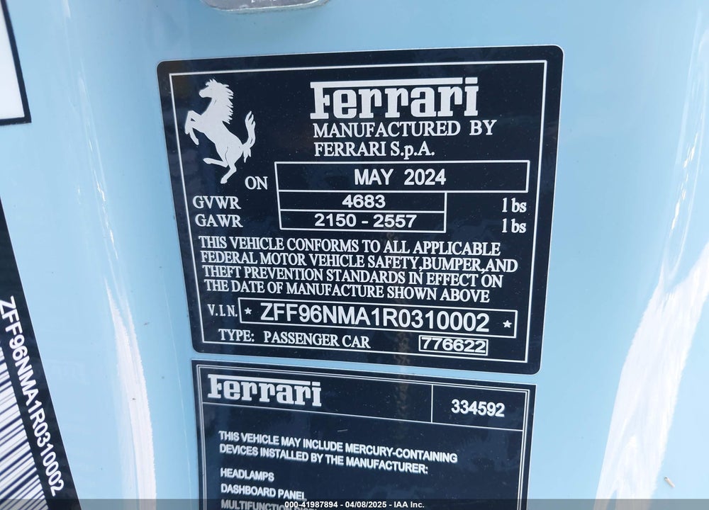 2024 FERRARI SF90 SPIDER VIN: ZFF96NMA1R0310002