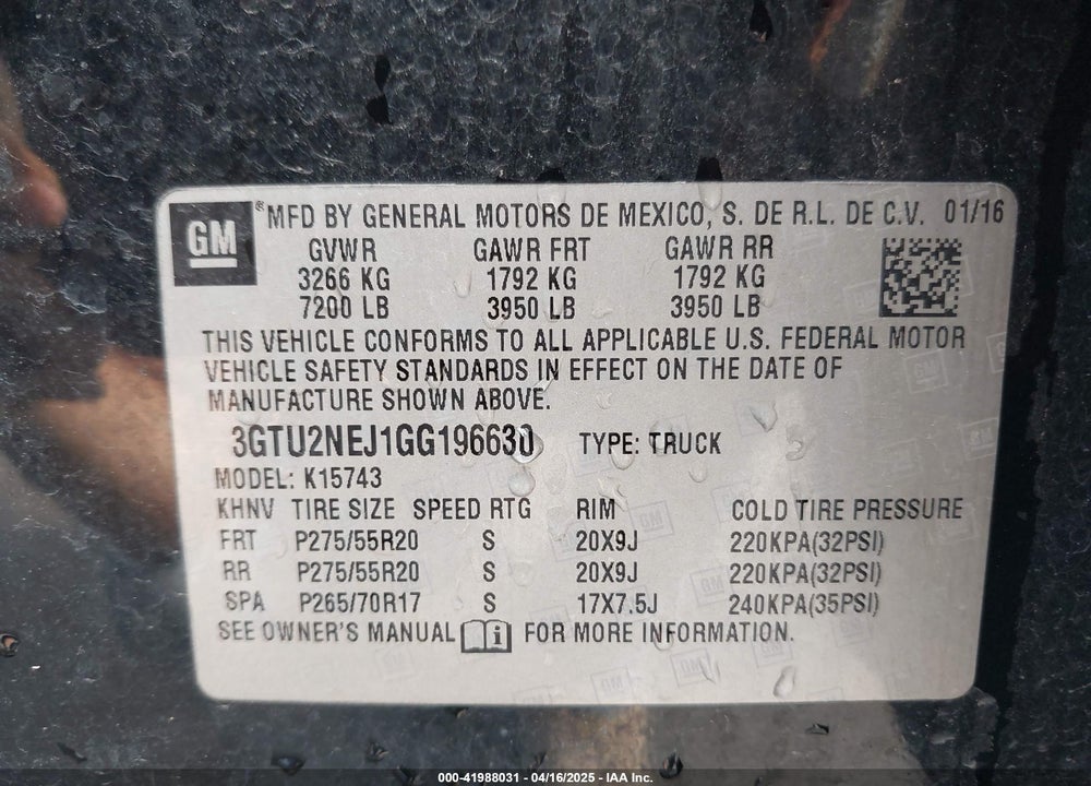 2016 GMC SIERRA 1500 VIN: 3GTU2NEJ1GG196630