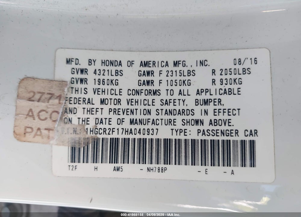 2017 HONDA ACCORD VIN: 1HGCR2F17HA040937
