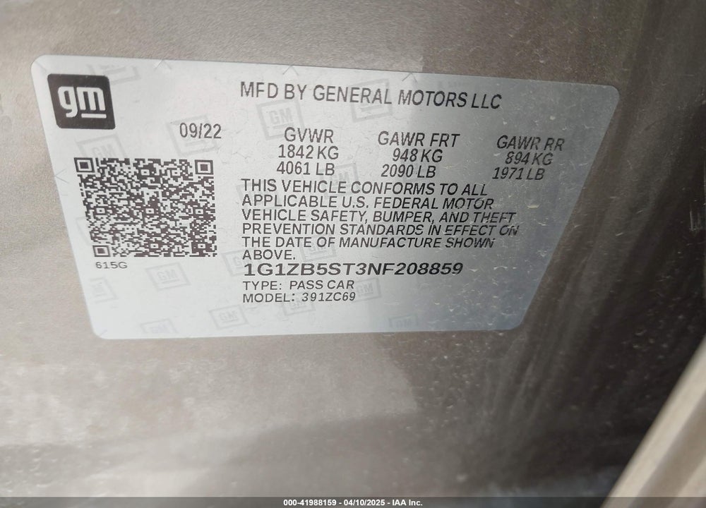 2022 CHEVROLET MALIBU VIN: 1G1ZB5ST3NF208859