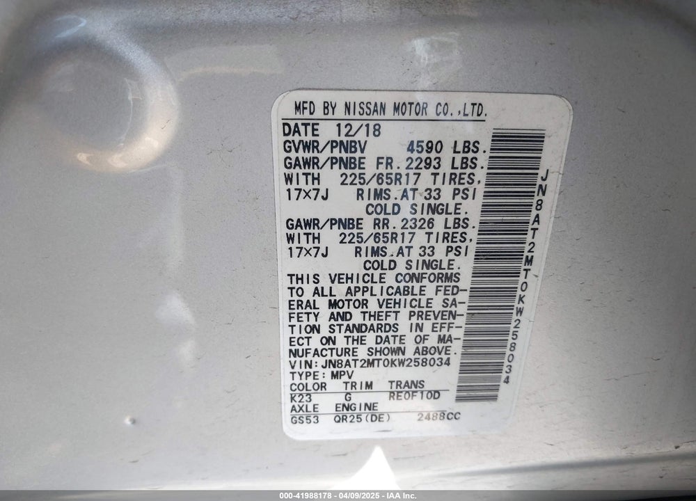 2019 NISSAN ROGUE SV VIN: JN8AT2MT0KW258034