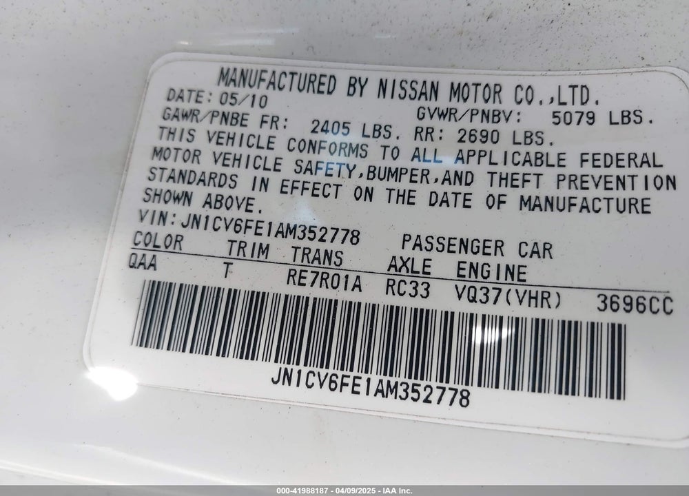 2010 INFINITI G37 VIN: JN1CV6FE1AM352778