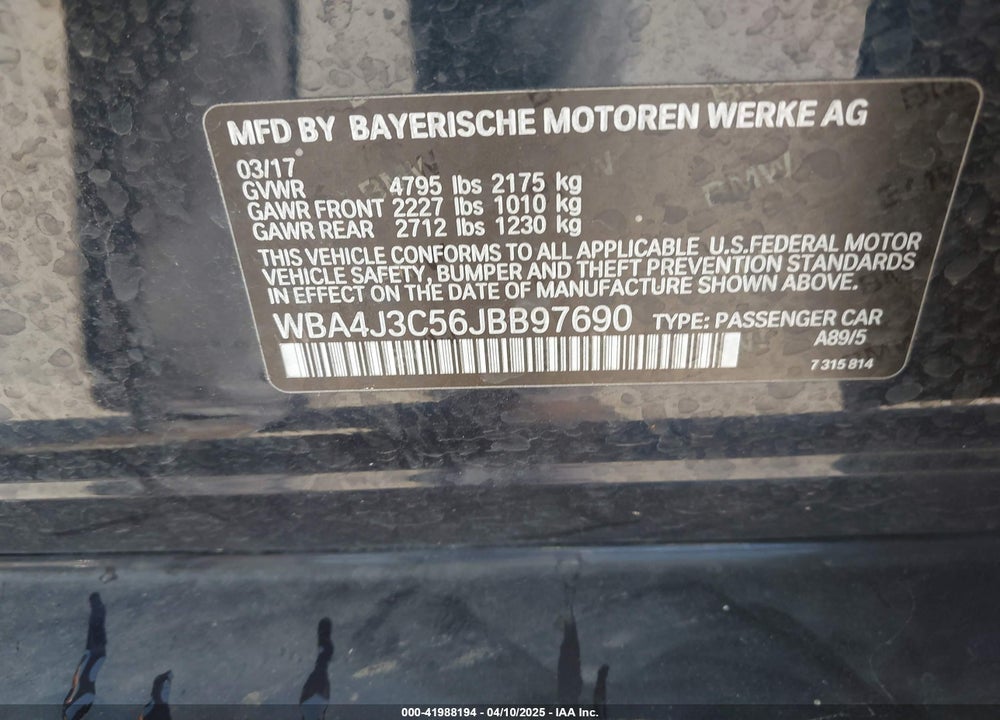 2018 BMW 4 SERIES VIN: WBA4J3C56JBB97690