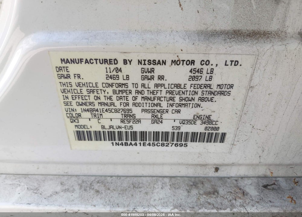 2005 NISSAN MAXIMA 3.5 SE VIN: 1N4BA41E45C827695