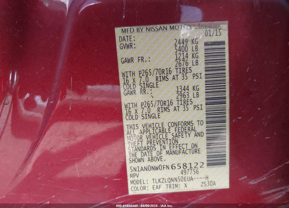 2015 NISSAN XTERRA X VIN: 5N1AN0NW0FN658122