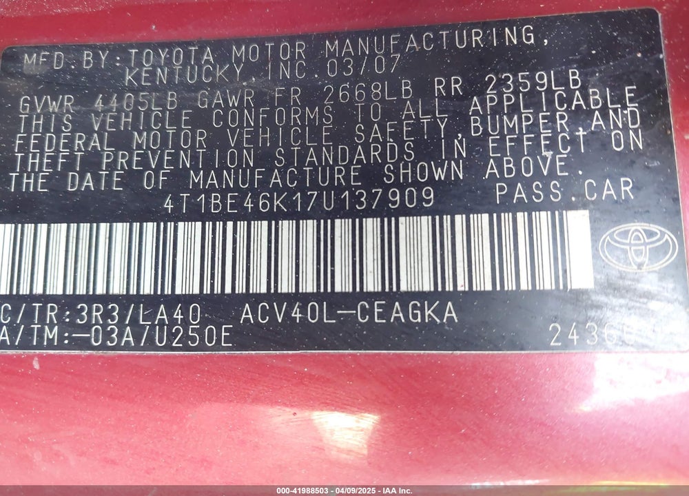 2007 TOYOTA CAMRY VIN: 4T1BE46K17U137909