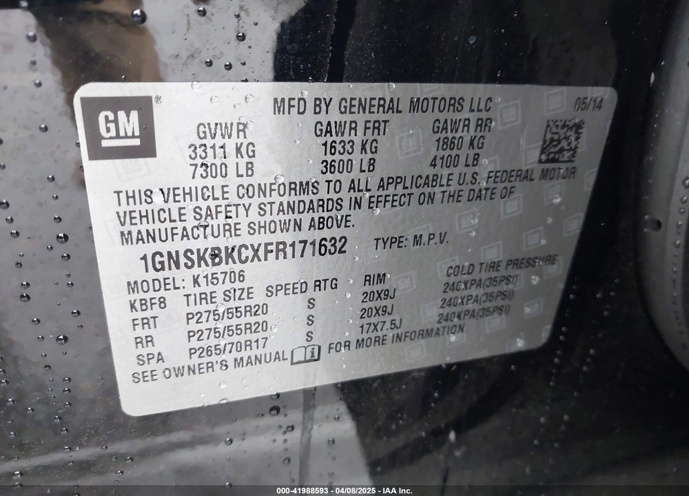 2015 CHEVROLET TAHOE VIN: 1GNSKBKCXFR171632