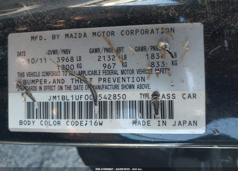 2012 MAZDA 3 VIN: JM1BL1UF0C1542850
