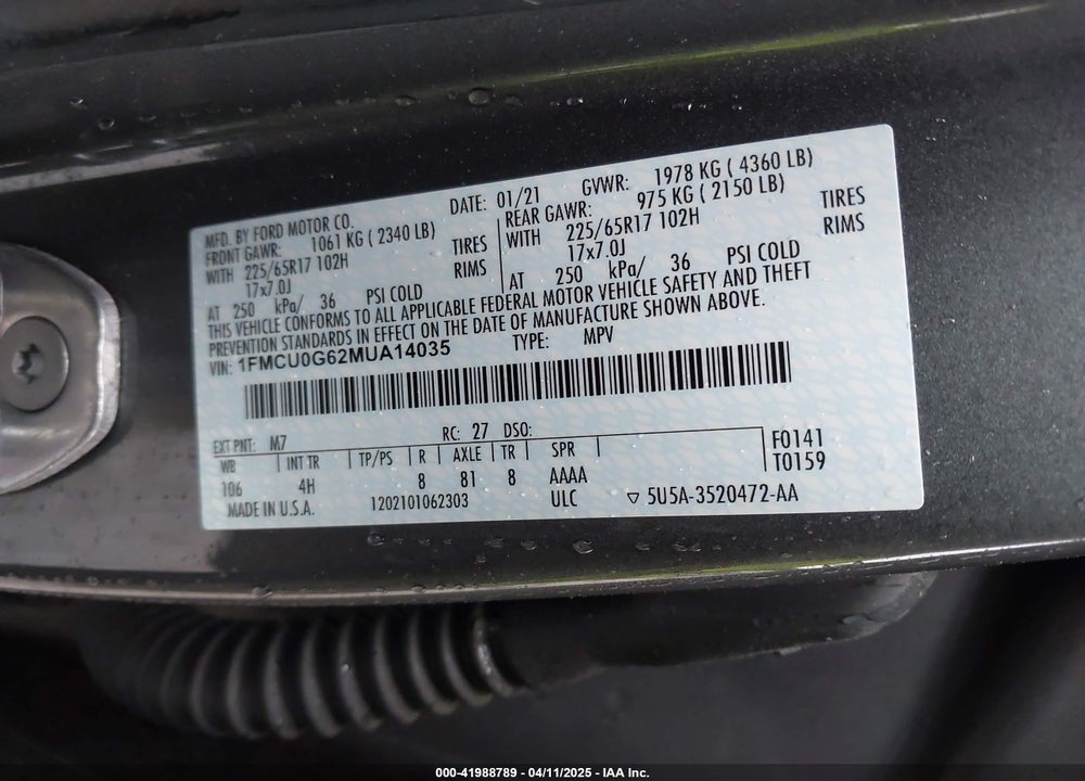 2021 FORD ESCAPE VIN: 1FMCU0G62MUA14035