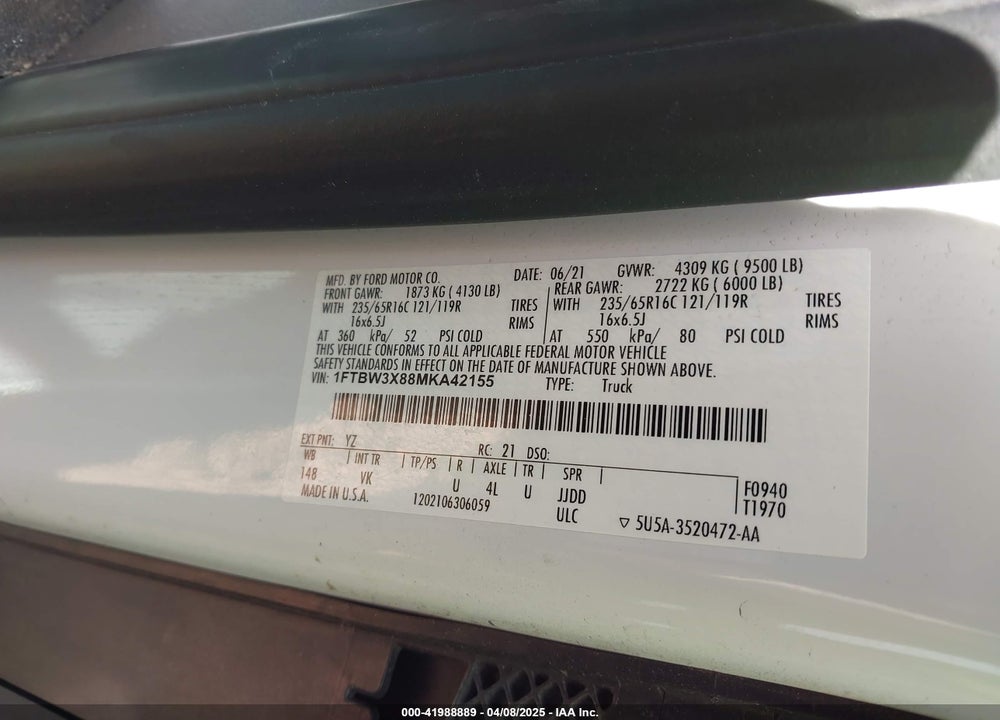 2021 FORD TRANSIT-350 CARGO VAN VIN: 1FTBW3X88MKA42155