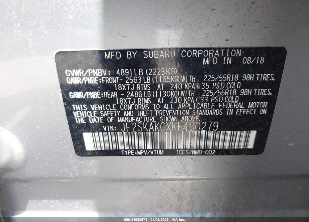 2019 SUBARU FORESTER VIN: JF2SKAKCXKH400279