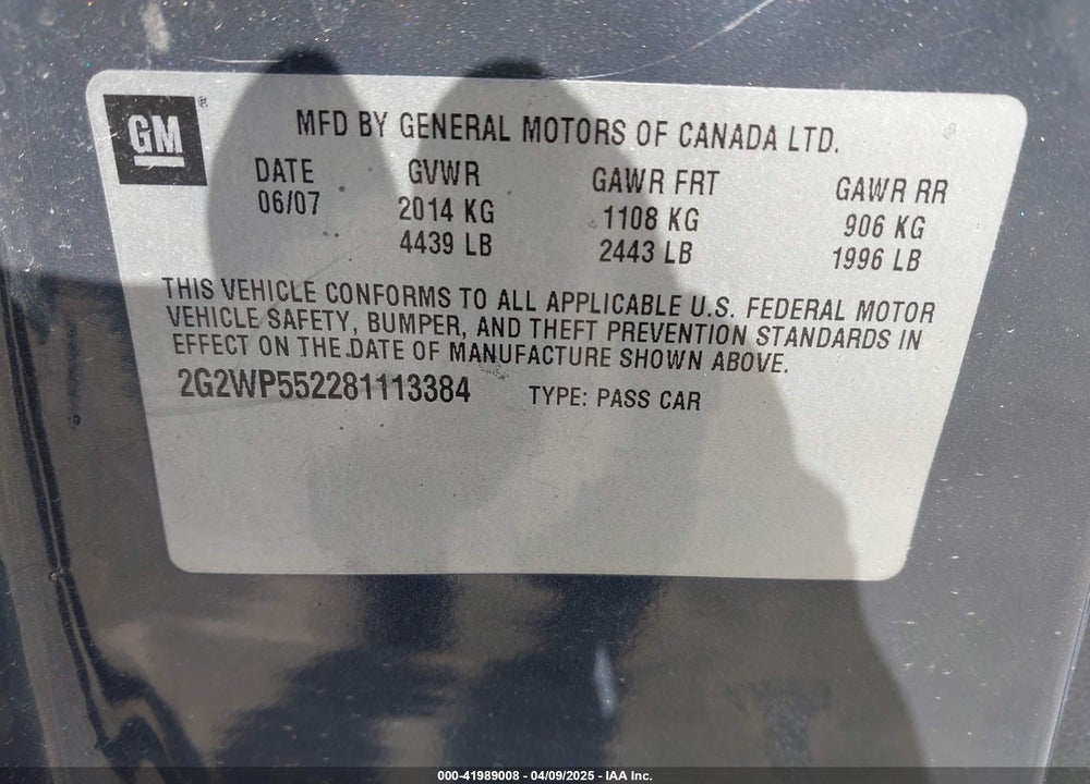 2008 PONTIAC GRAND PRIX VIN: 2G2WP552281113384