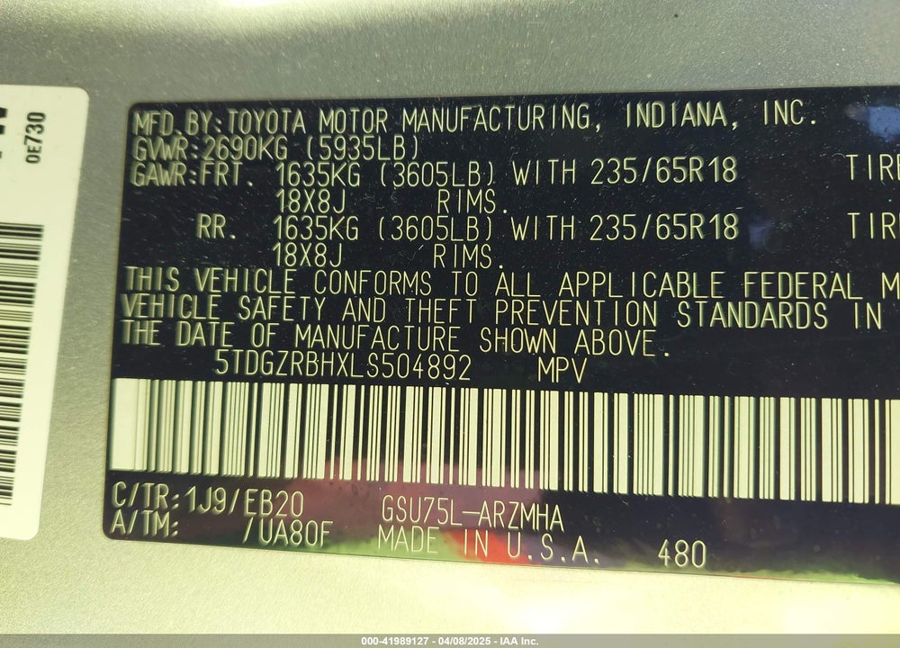 2020 TOYOTA HIGHLANDER VIN: 5TDGZRBHXLS504892