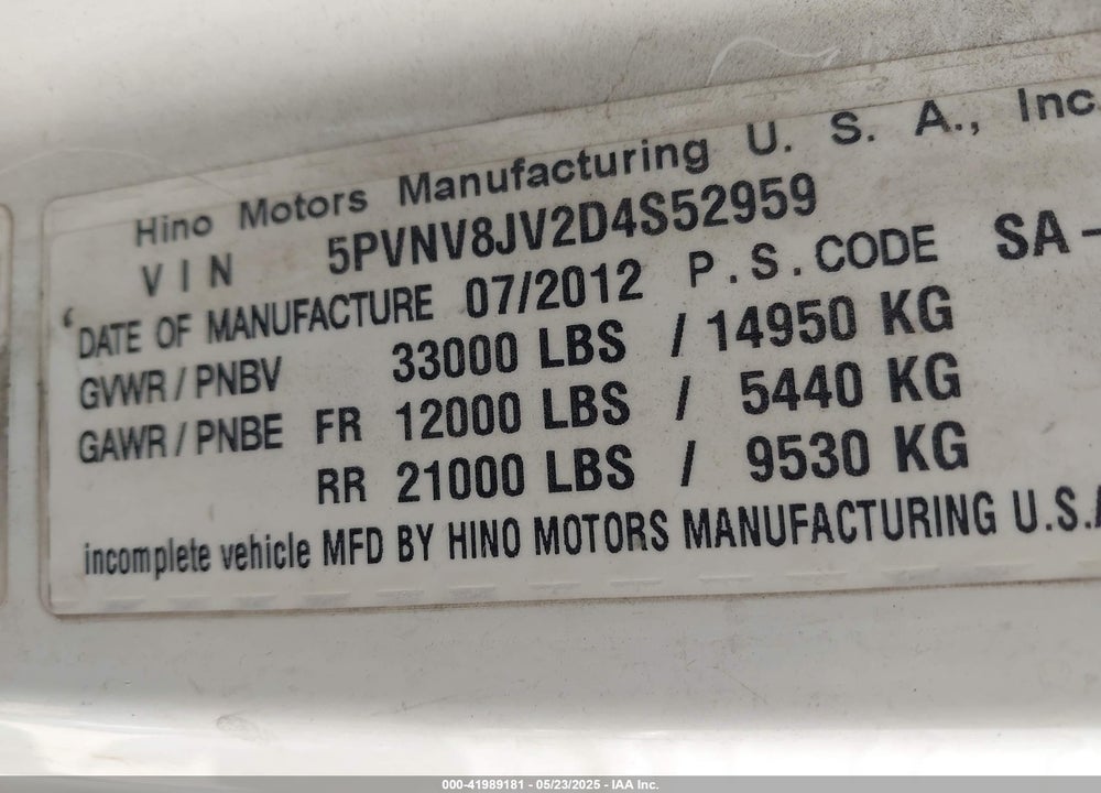 2013 HINO 338 VIN: 5PVNV8JV2D4S52959