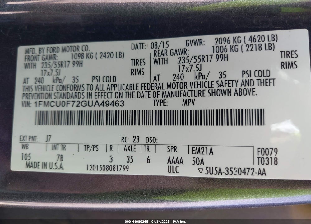 2016 FORD ESCAPE VIN: 1FMCU0F72GUA49463