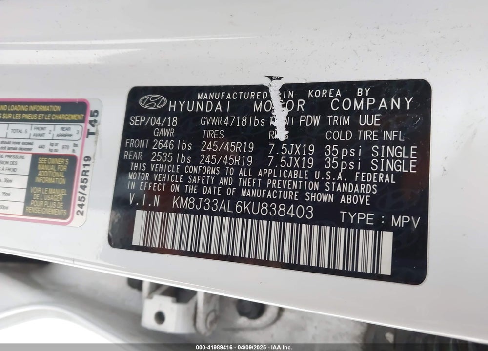 2019 HYUNDAI TUCSON SPORT VIN: KM8J33AL6KU838403