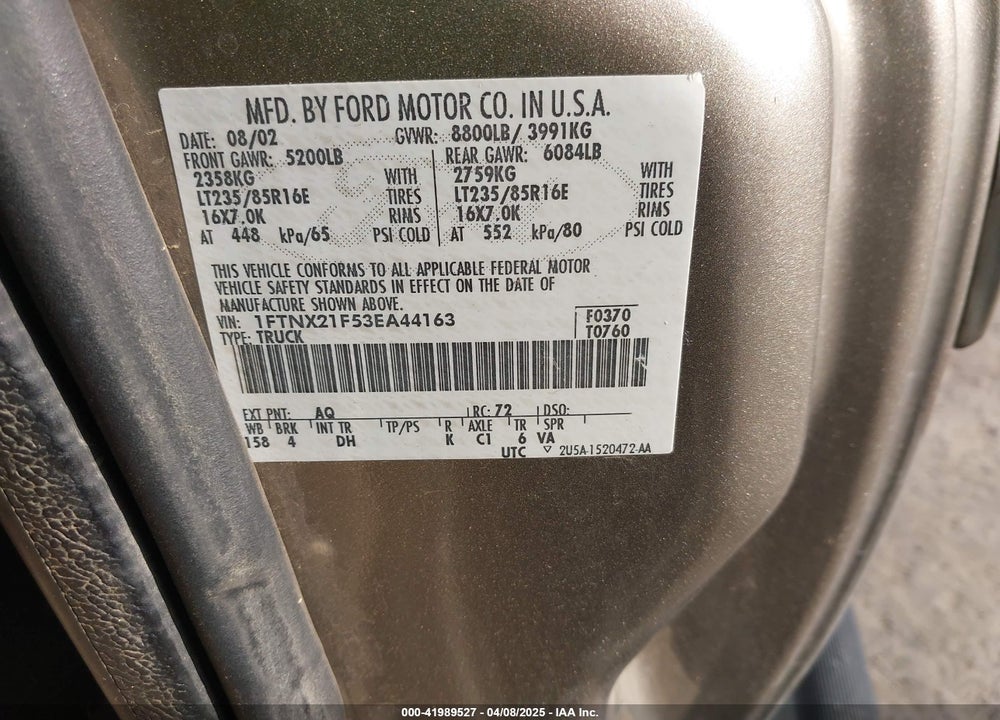 2003 FORD F-250 LARIAT/XL/XLT VIN: 1FTNX21F53EA44163