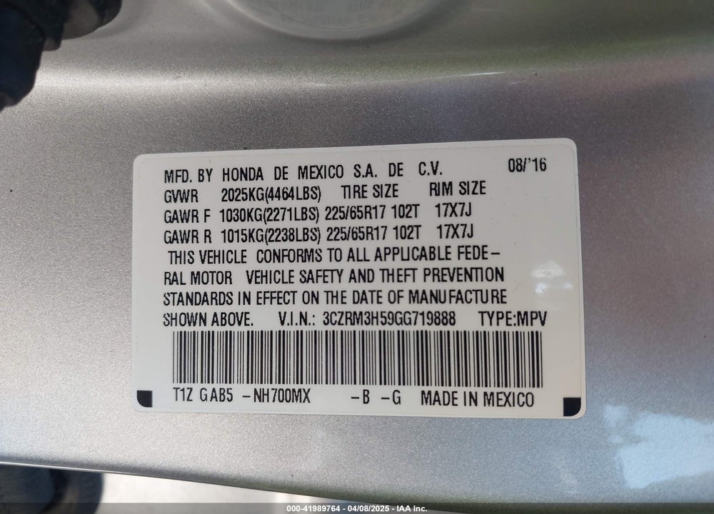 2016 HONDA CR-V VIN: 3CZRM3H59GG719888