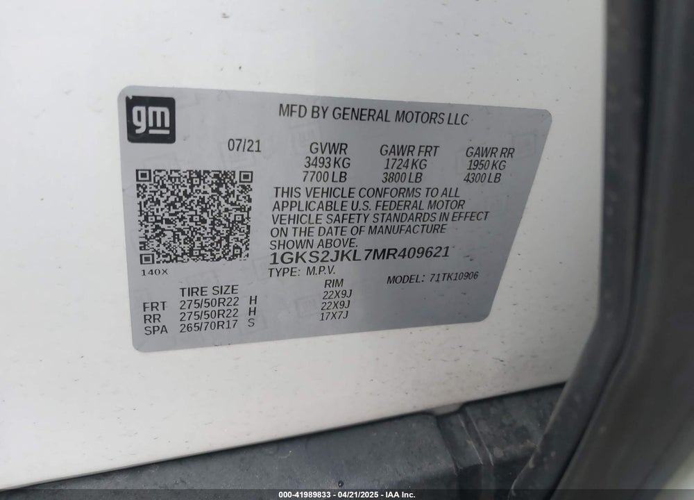 2021 GMC YUKON XL VIN: 1GKS2JKL7MR409621