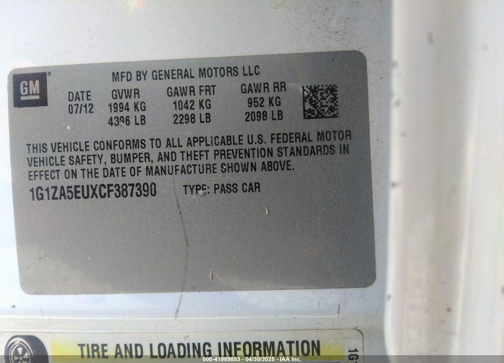 2012 CHEVROLET MALIBU VIN: 1G1ZA5EUXCF387390