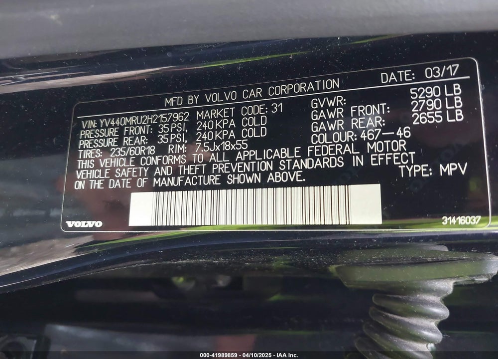 2017 VOLVO XC60 VIN: YV440MRU2H2157962
