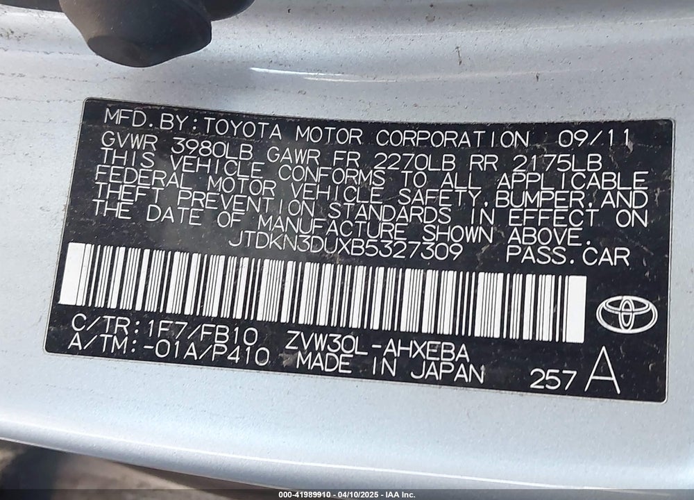 2011 TOYOTA PRIUS THREE VIN: JTDKN3DUXB5327309
