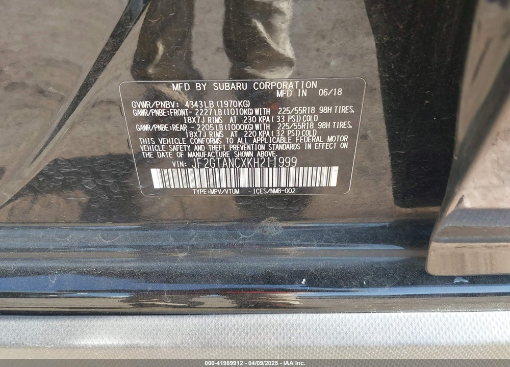 2019 SUBARU CROSSTREK 2.0I LIMITED VIN: JF2GTANCXKH211999