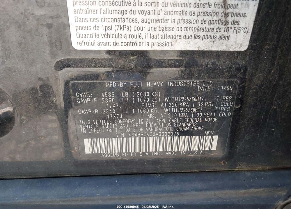 2010 SUBARU OUTBACK VIN: 4S4BRCKC0A3332376