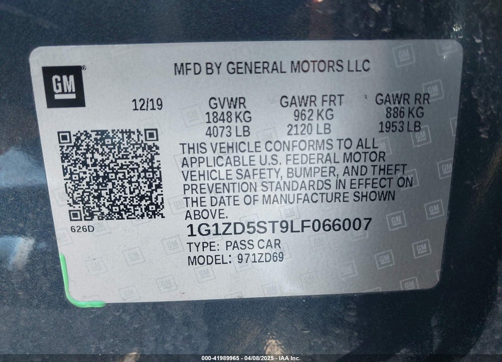 2020 CHEVROLET MALIBU VIN: 1G1ZD5ST9LF066007