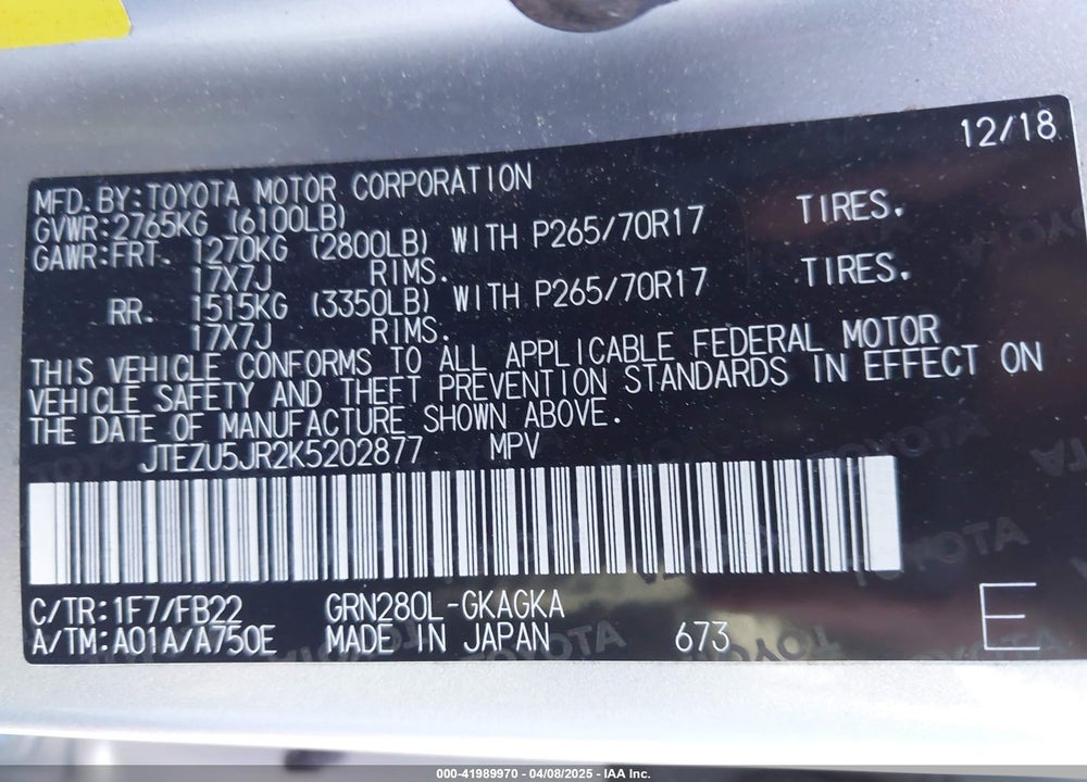2019 TOYOTA 4RUNNER VIN: JTEZU5JR2K5202877