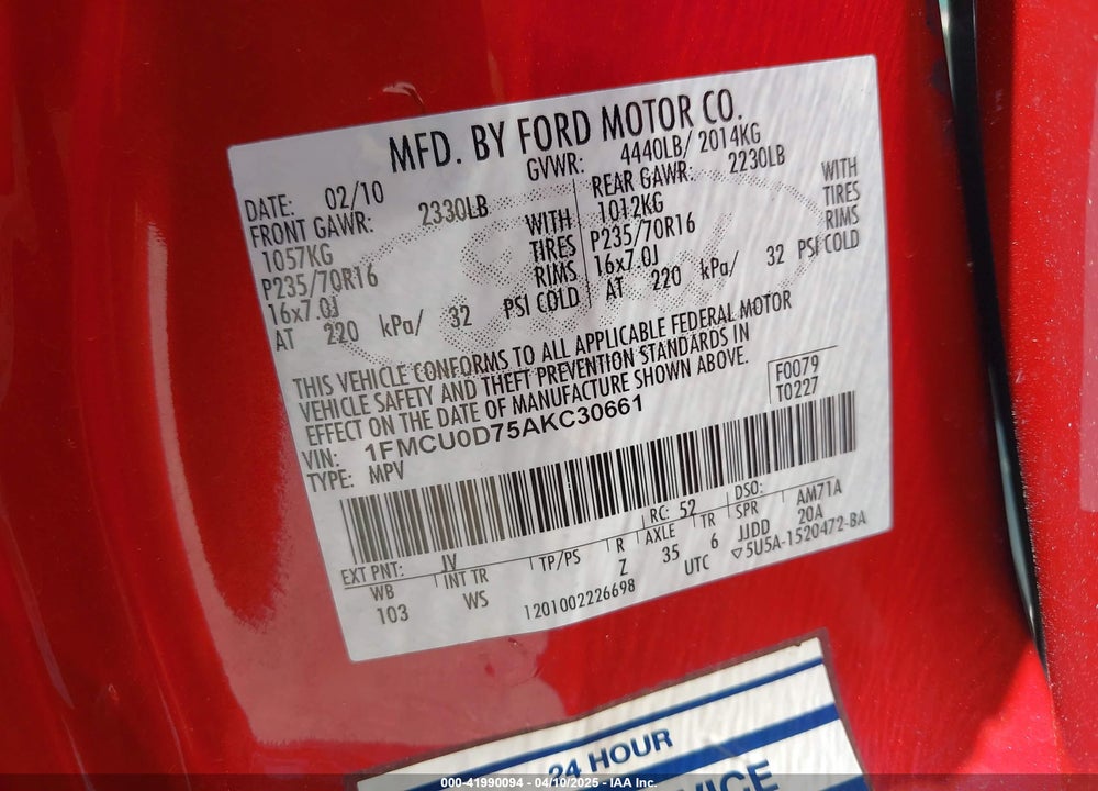 2010 FORD ESCAPE XLT VIN: 1FMCU0D75AKC30661