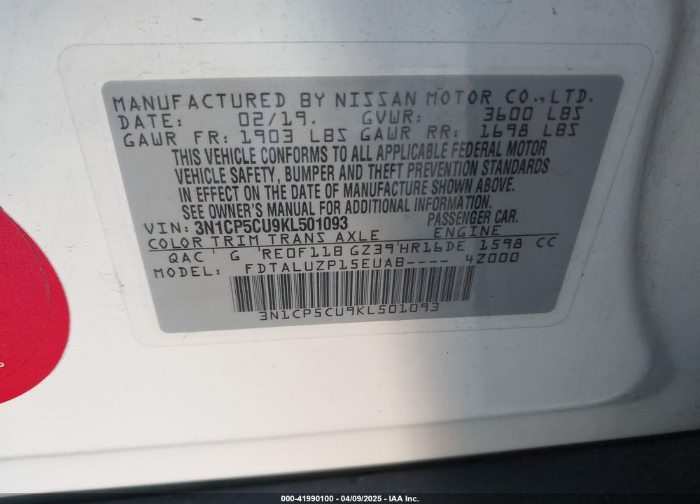 2019 NISSAN KICKS VIN: 3N1CP5CU9KL501093
