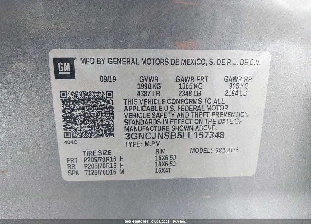 2020 CHEVROLET TRAX AWD LS VIN: 3GNCJNSB5LL157348